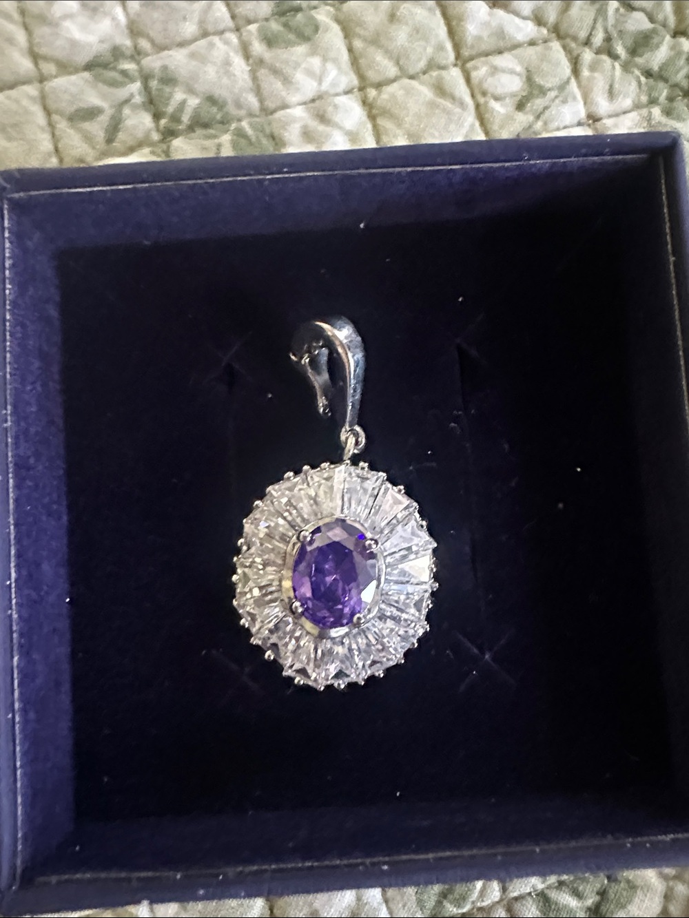 Purple Oval Gem Pendant Necklace in Silver-Tone Halo